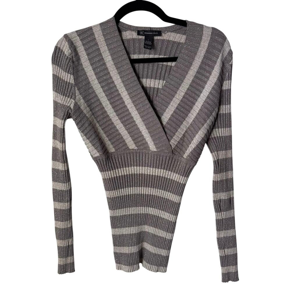 Y2K INC Ribbed Sweater L Glitter Striped V Neck Fitted Coquette Grunge Fairy